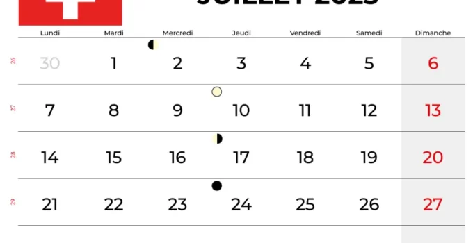 Calendrier Juillet 2025 Suisse