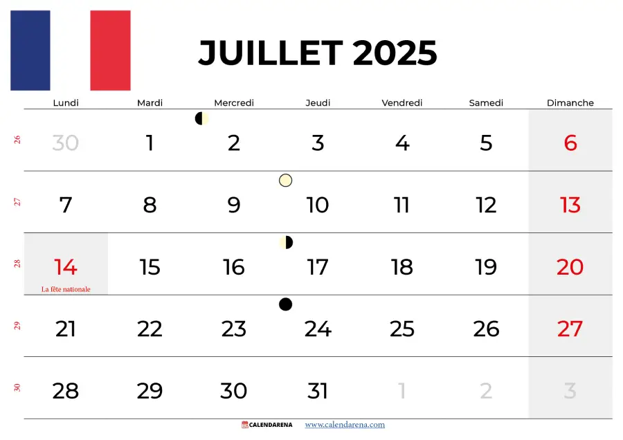 Calendrier Juillet 2025