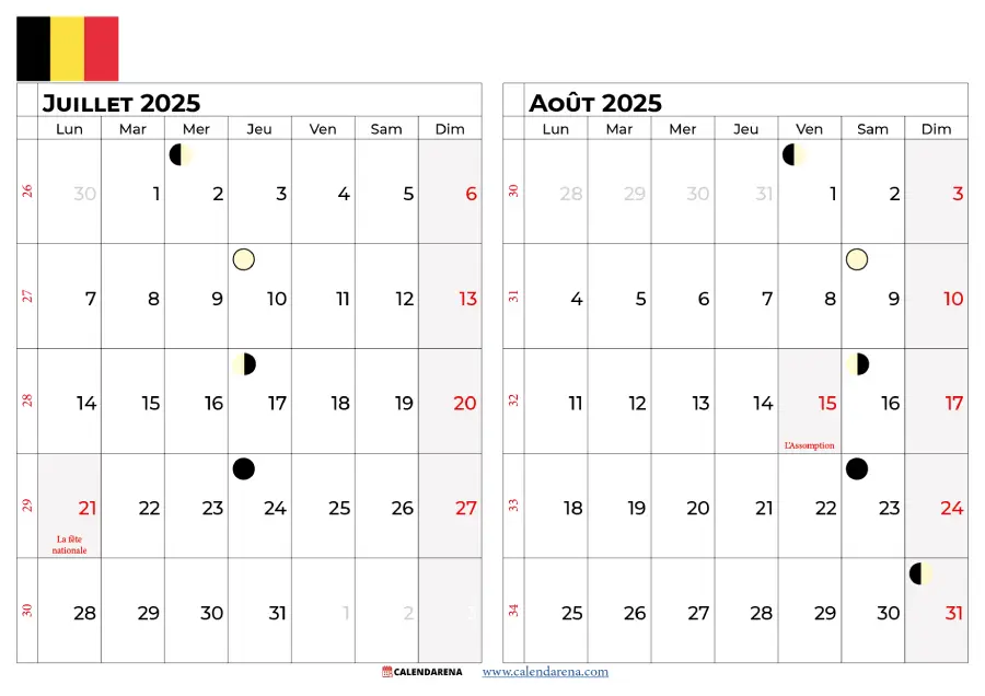 Calendrier Juillet Aout 2025 Belgique