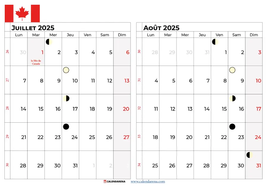 Calendrier Juillet Aout 2025 Québec