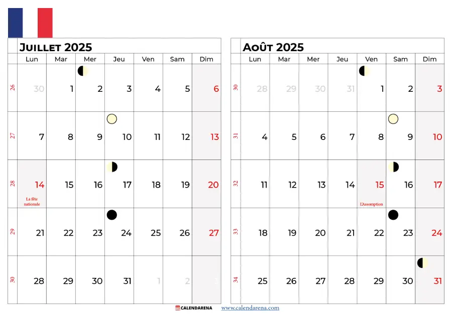 Calendrier Juillet Août 2025