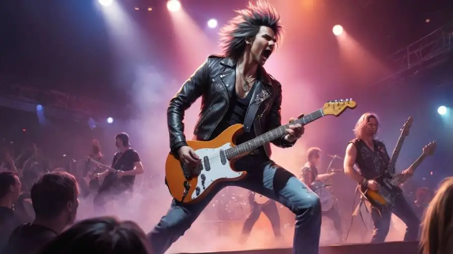 Guitarrista tocando em um palco iluminado, simbolizando o espírito do rock