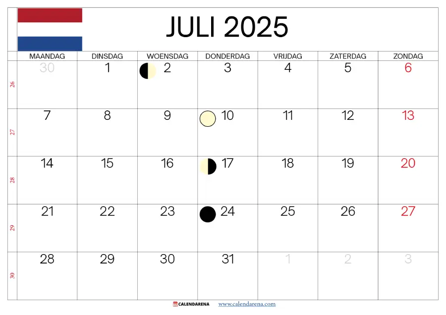 Juli 2025 Kalender Nederland