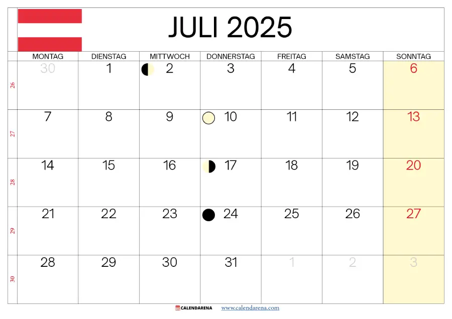 Juli 2025 Kalender Österreich