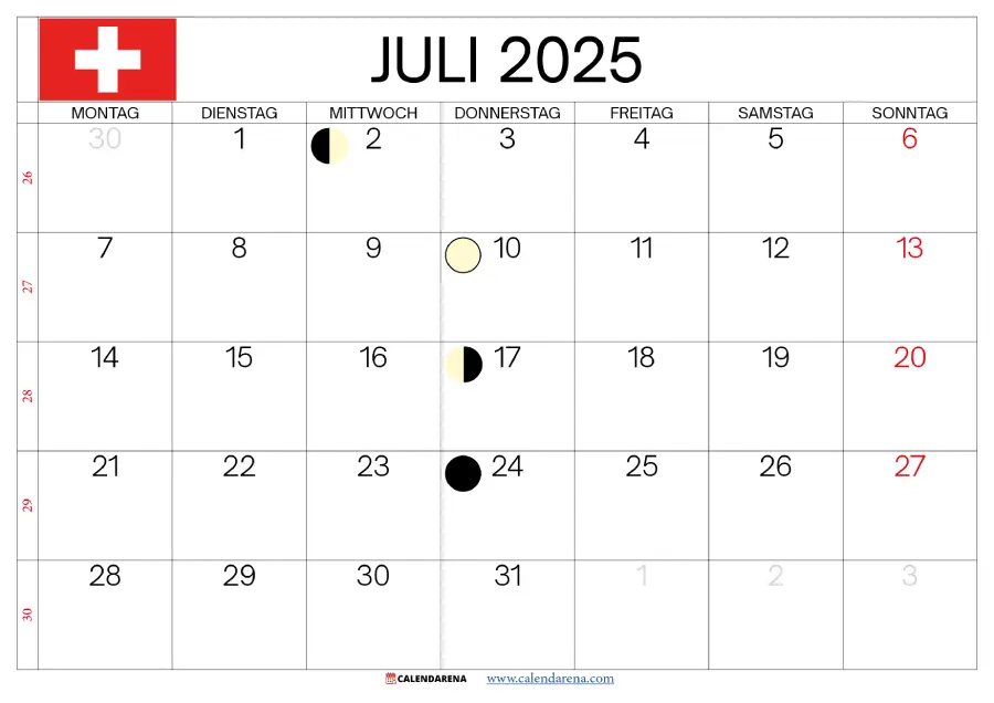 Juli 2025 Kalender Schweiz