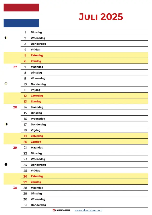 Juli Kalender 2025 Nederland