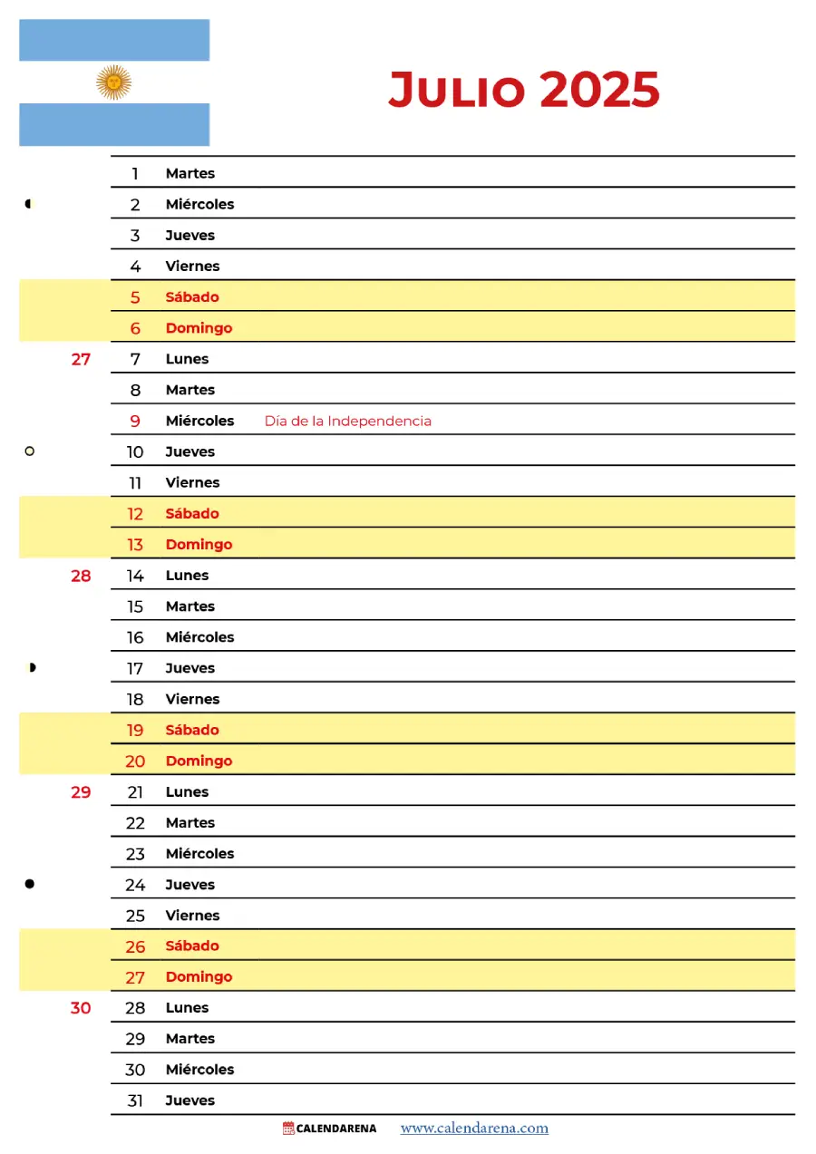 Julio 2025 Calendario Argentina