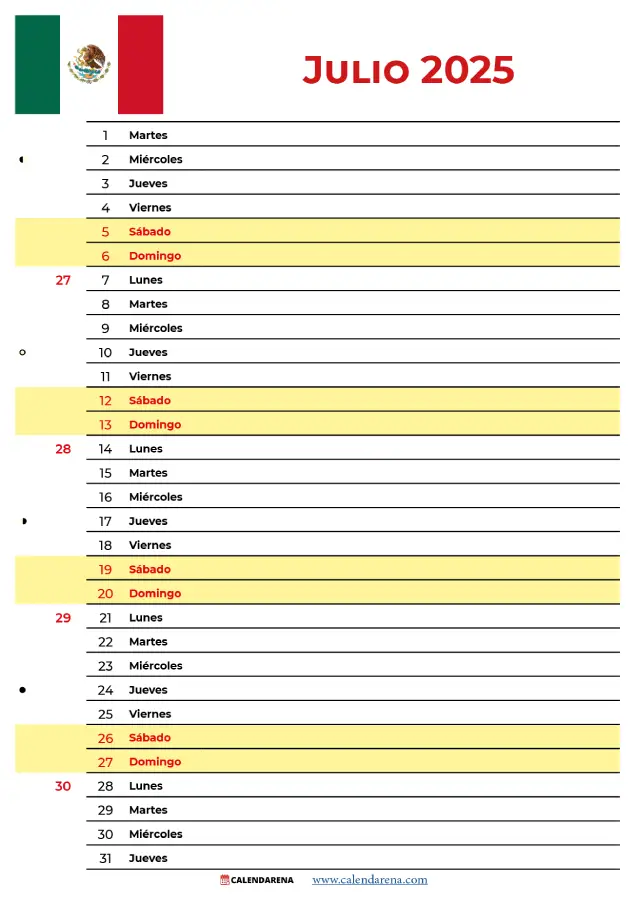 Julio 2025 Calendario Méxic