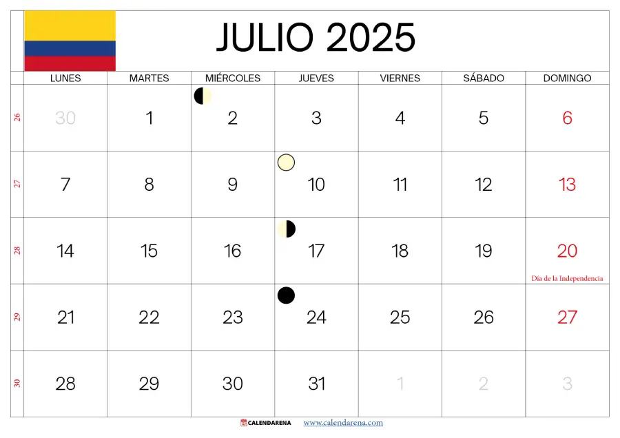 Julio Calendario 2025 Colombia