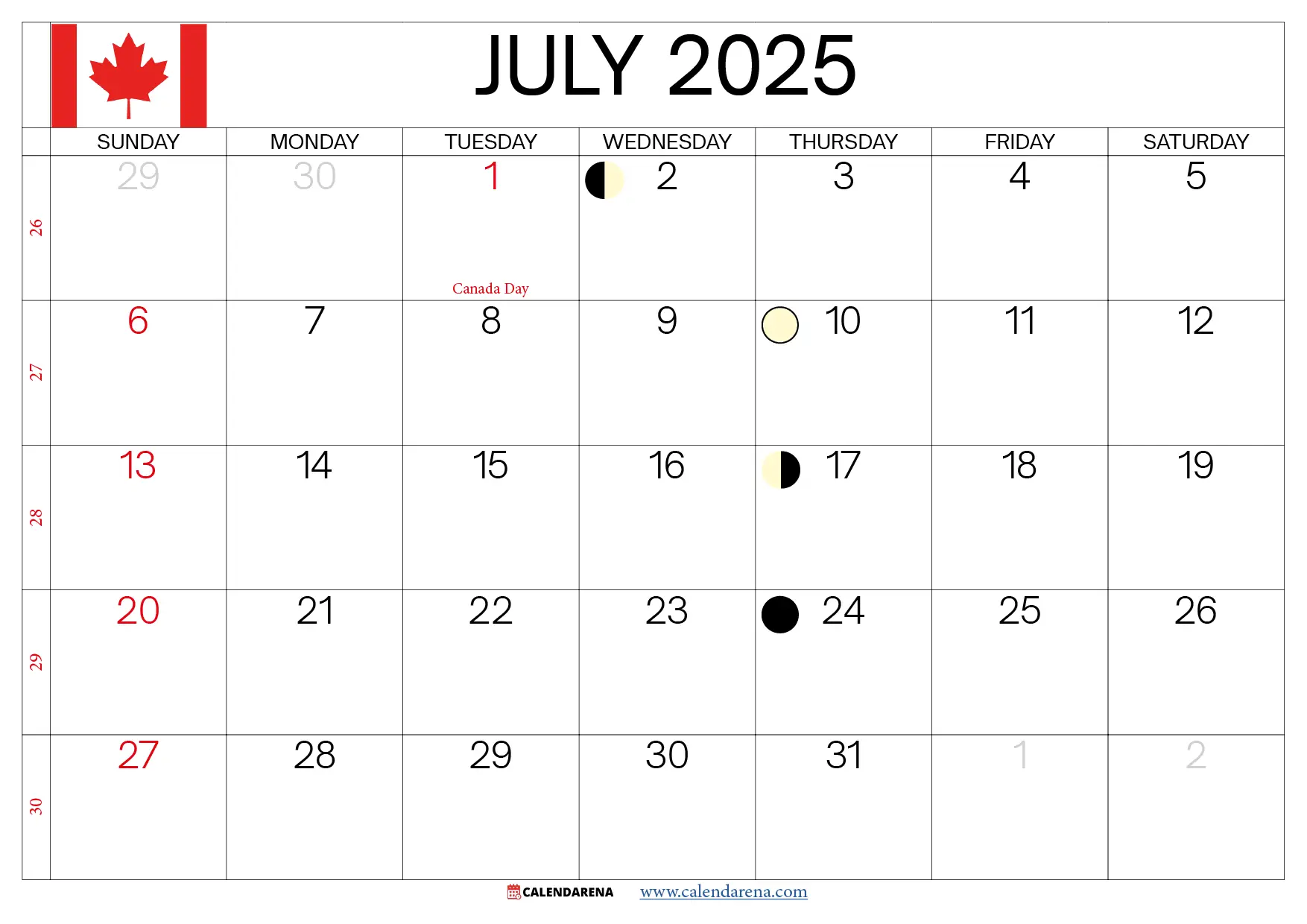 July 2025 Calendar Canada