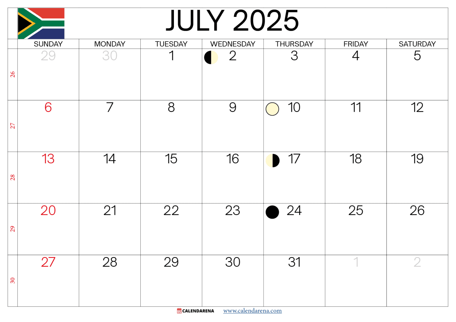 July Calendar 2025 South Africa with holidays Calendarena