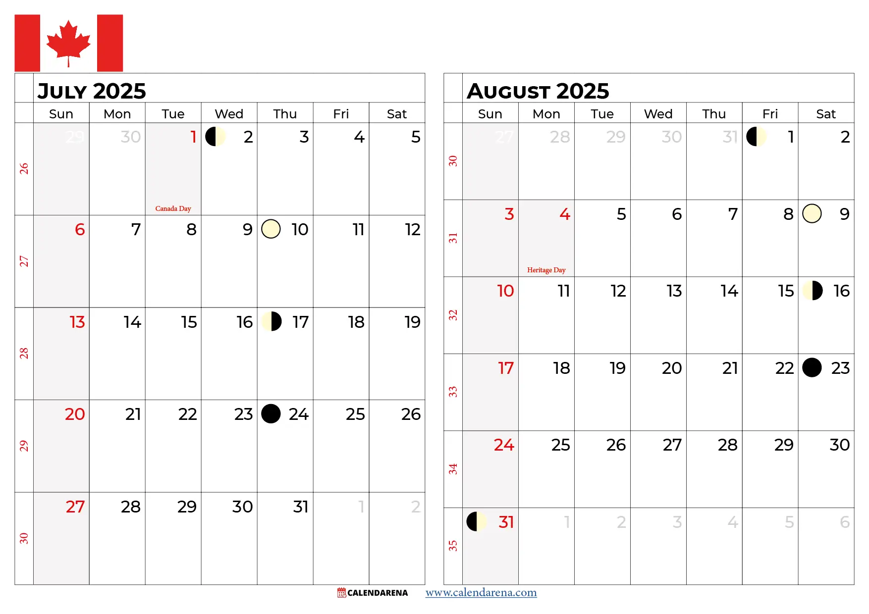 July And August 2025 Calendar Canada