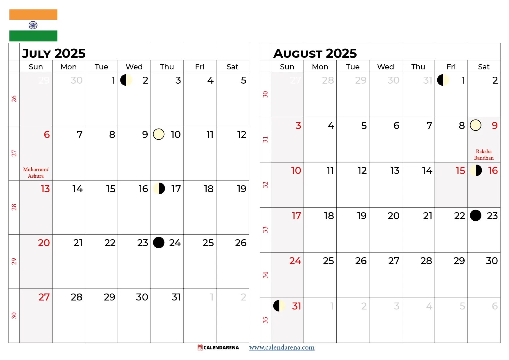 July And August 2025 Calendar India