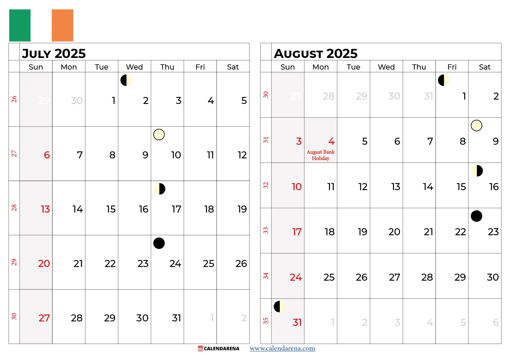 July And August 2025 Calendar Ireland