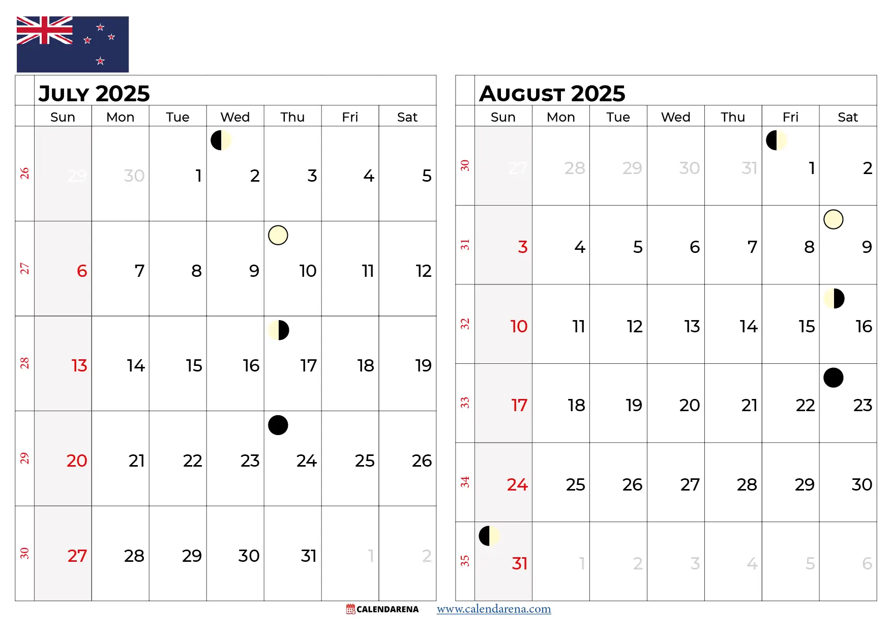 July August 2025 Calendar Nz