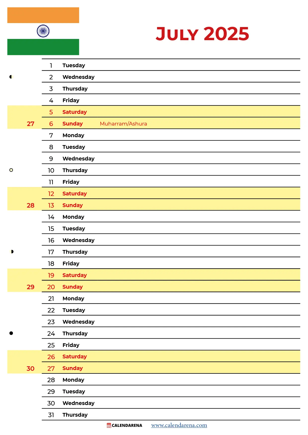 July Calendar 2025 India