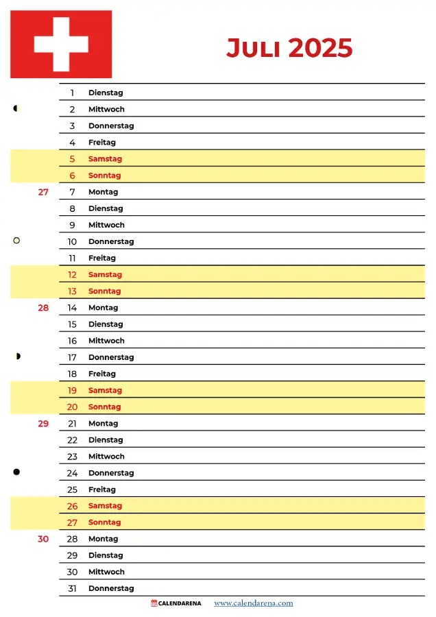 Kalender Juli 2025 Zum Ausdrucken Schweiz