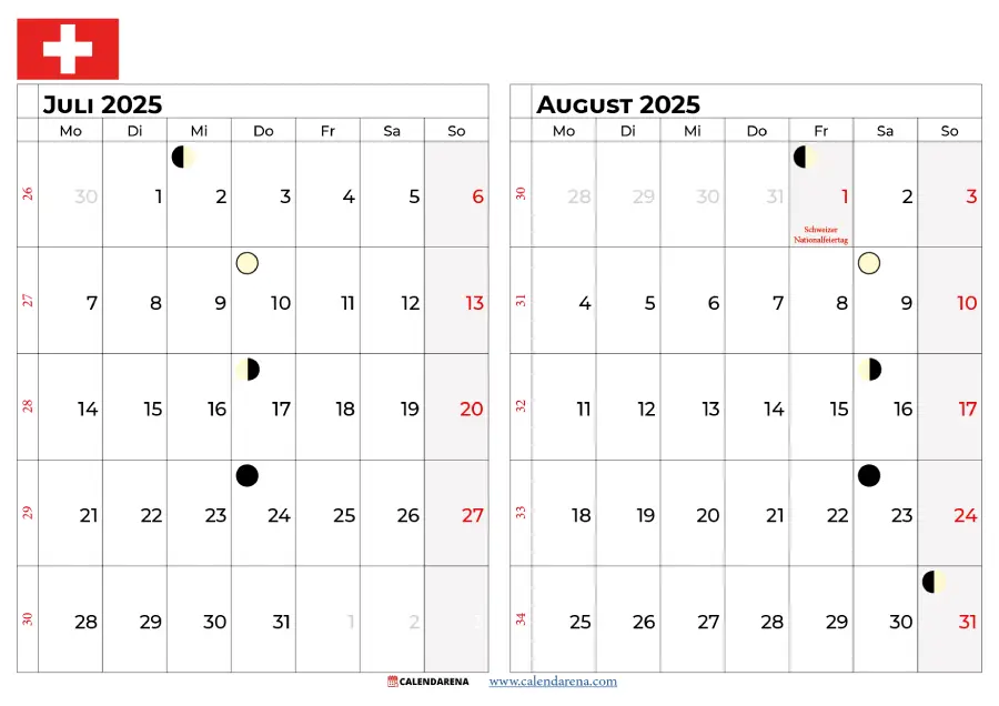 Kalender Juli August 2025 Zum Ausdrucken Schweiz