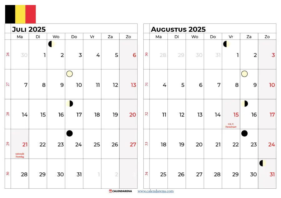 Kalender Juli Augustus 2025 België