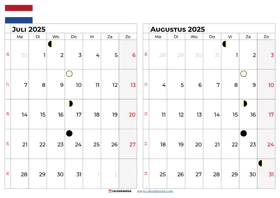 Kalender Juli Augustus 2025 Nederland