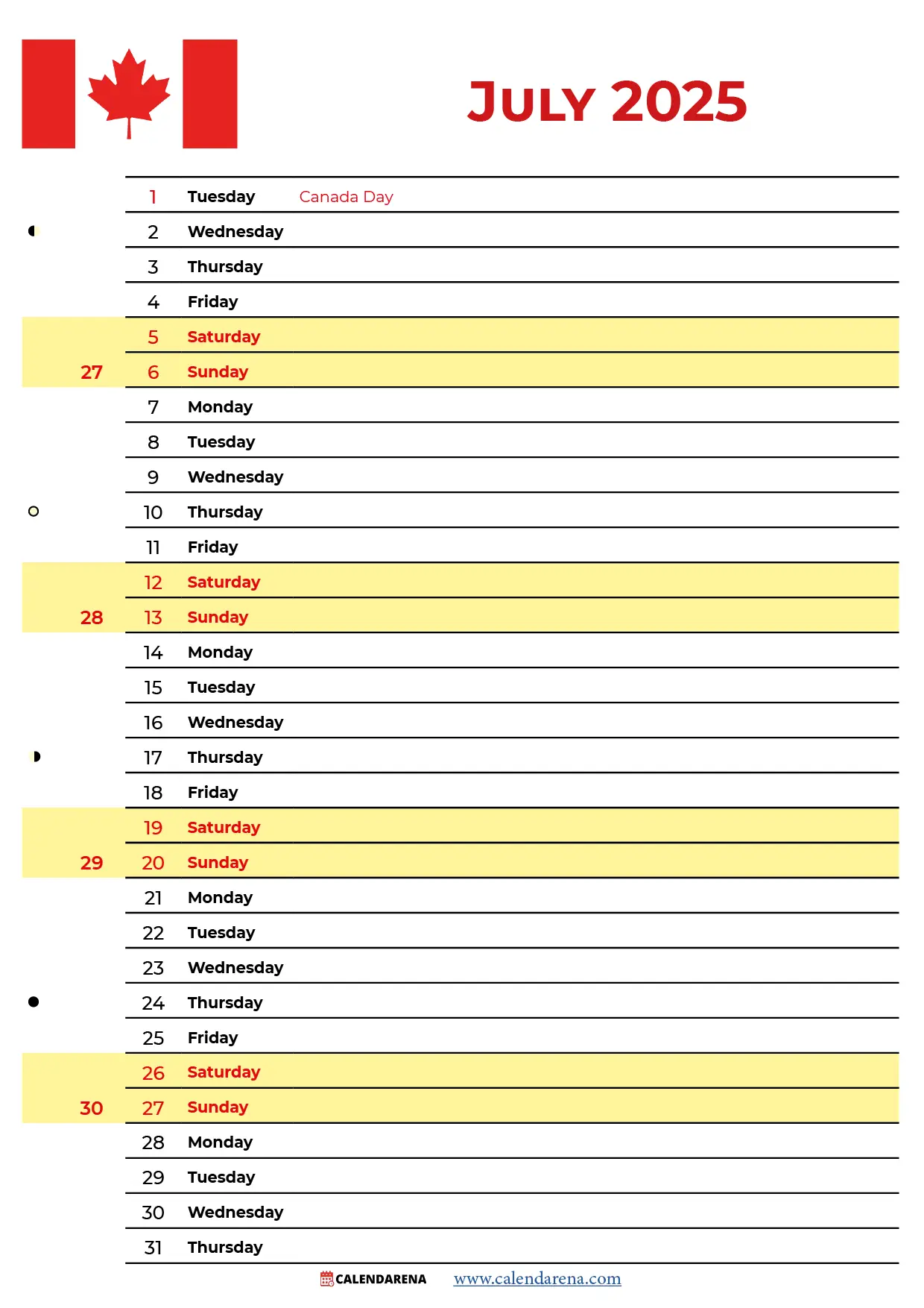 Printable Calendar July 2025 Canada