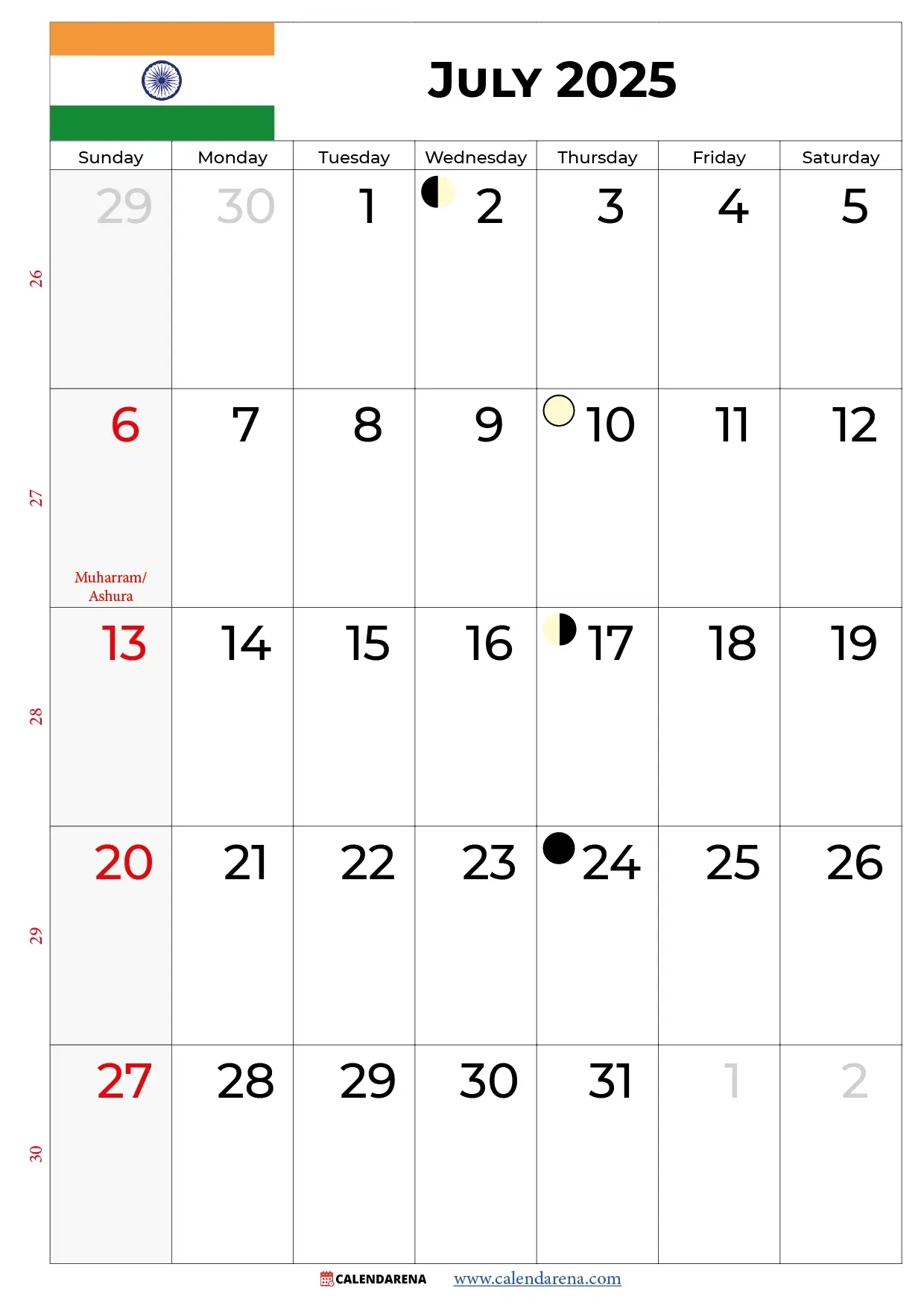 calendar july 2025 india