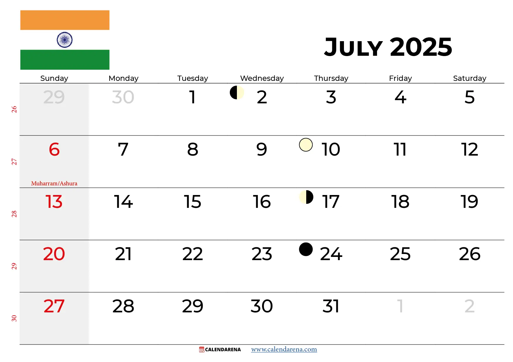 july 2025 calendar india