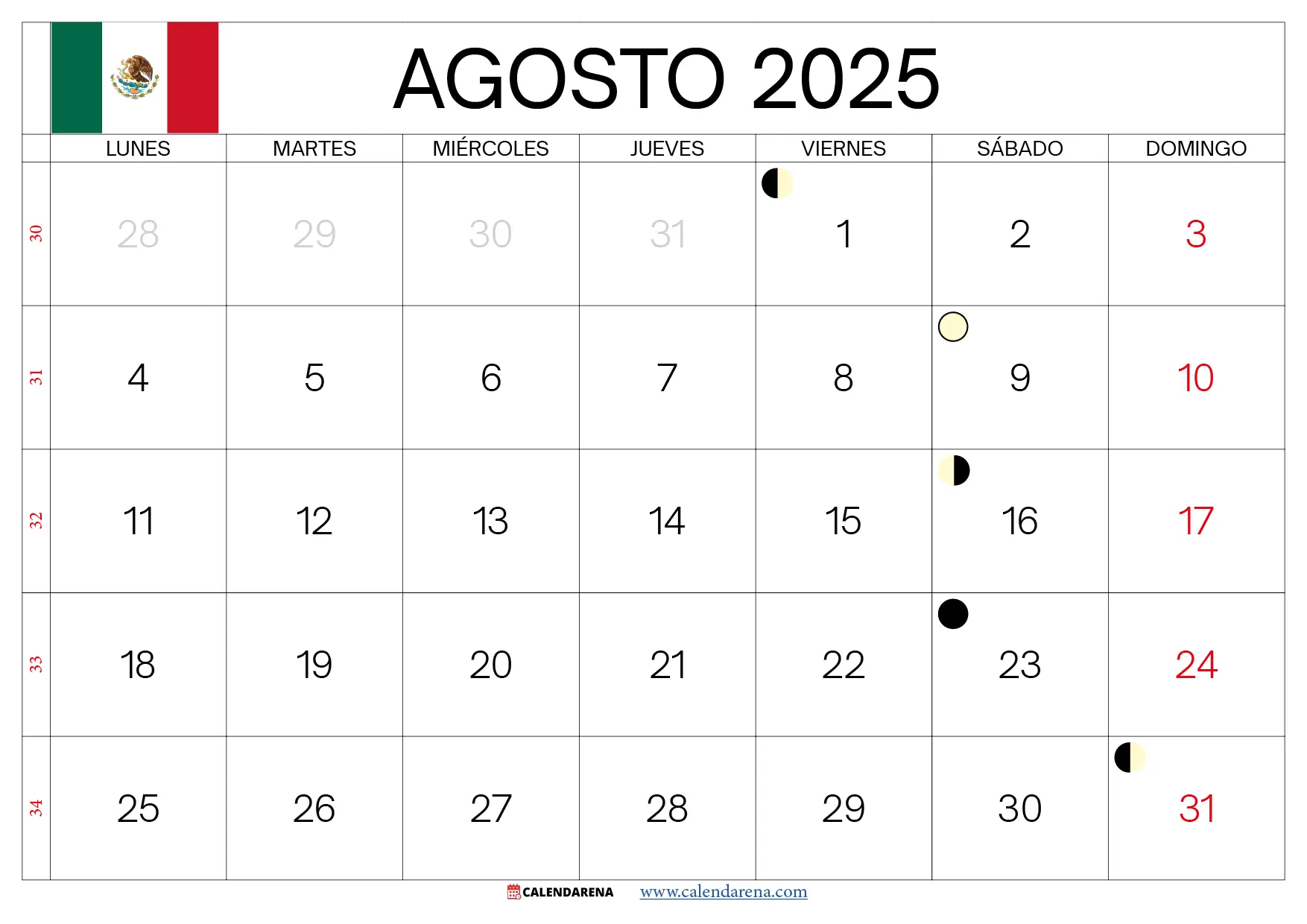 Agosto 2025 Calendario Mexico