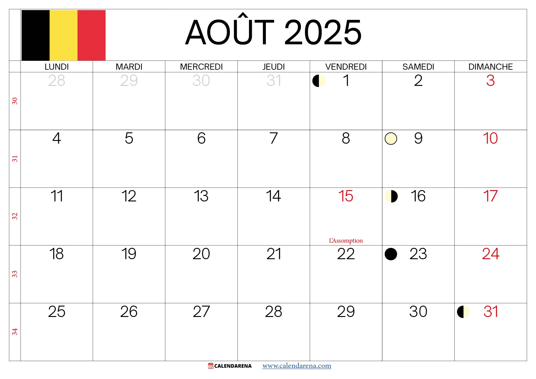 Aout 2025 Calendrier Belgique