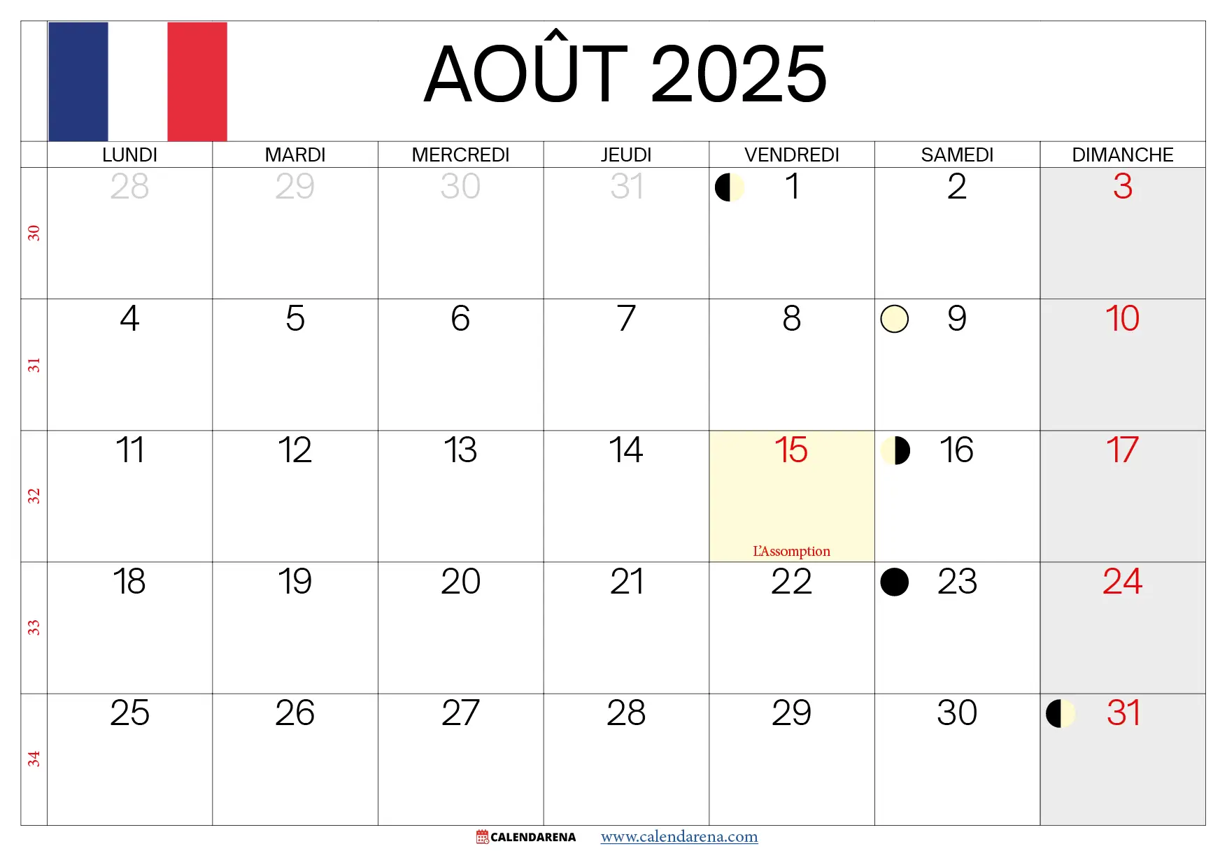 Aout 2025 Calendrier