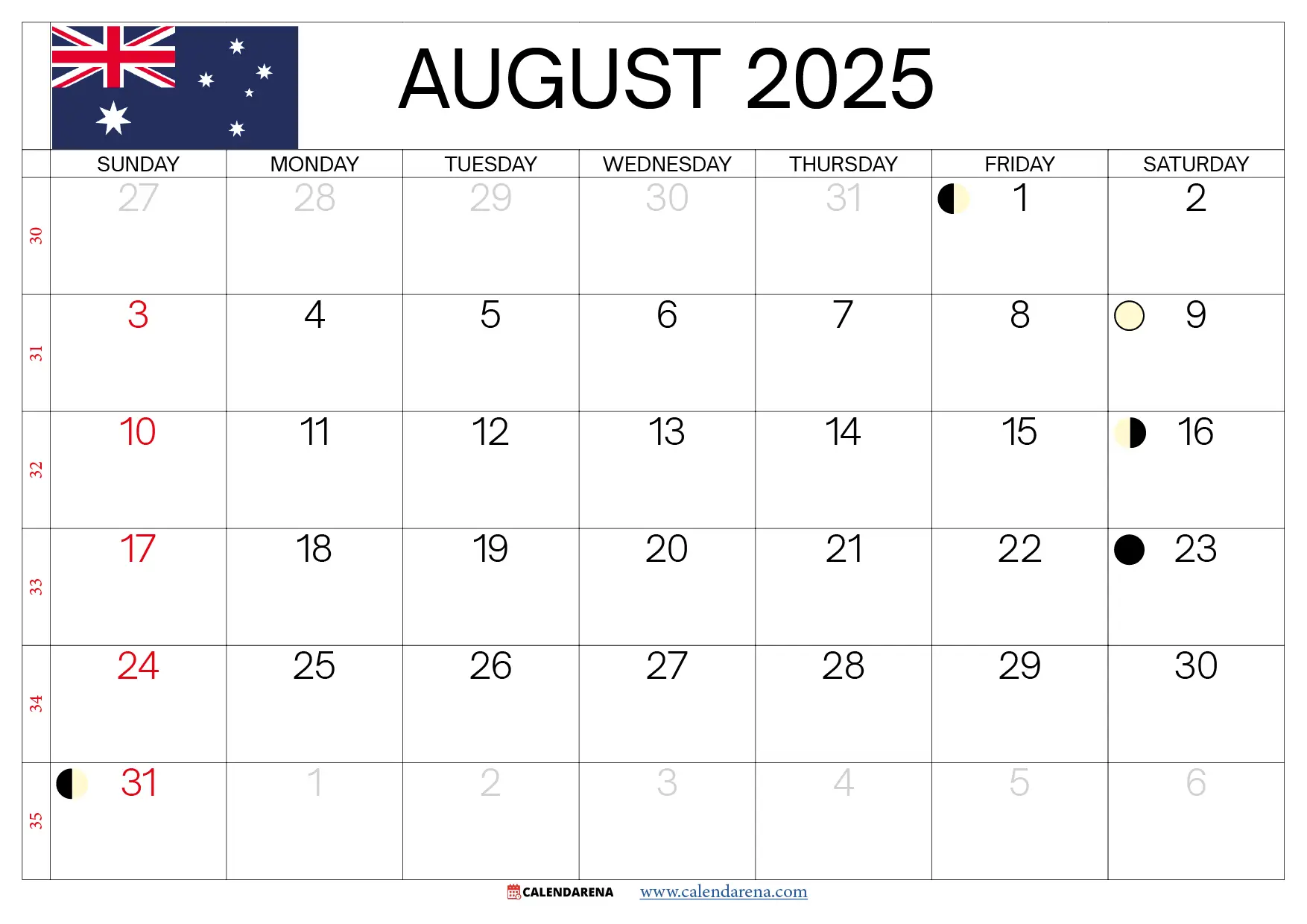 August 2025 Calendar Australia