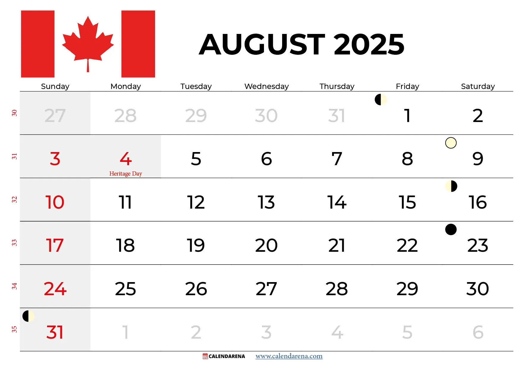 August 2025 Calendar Canada