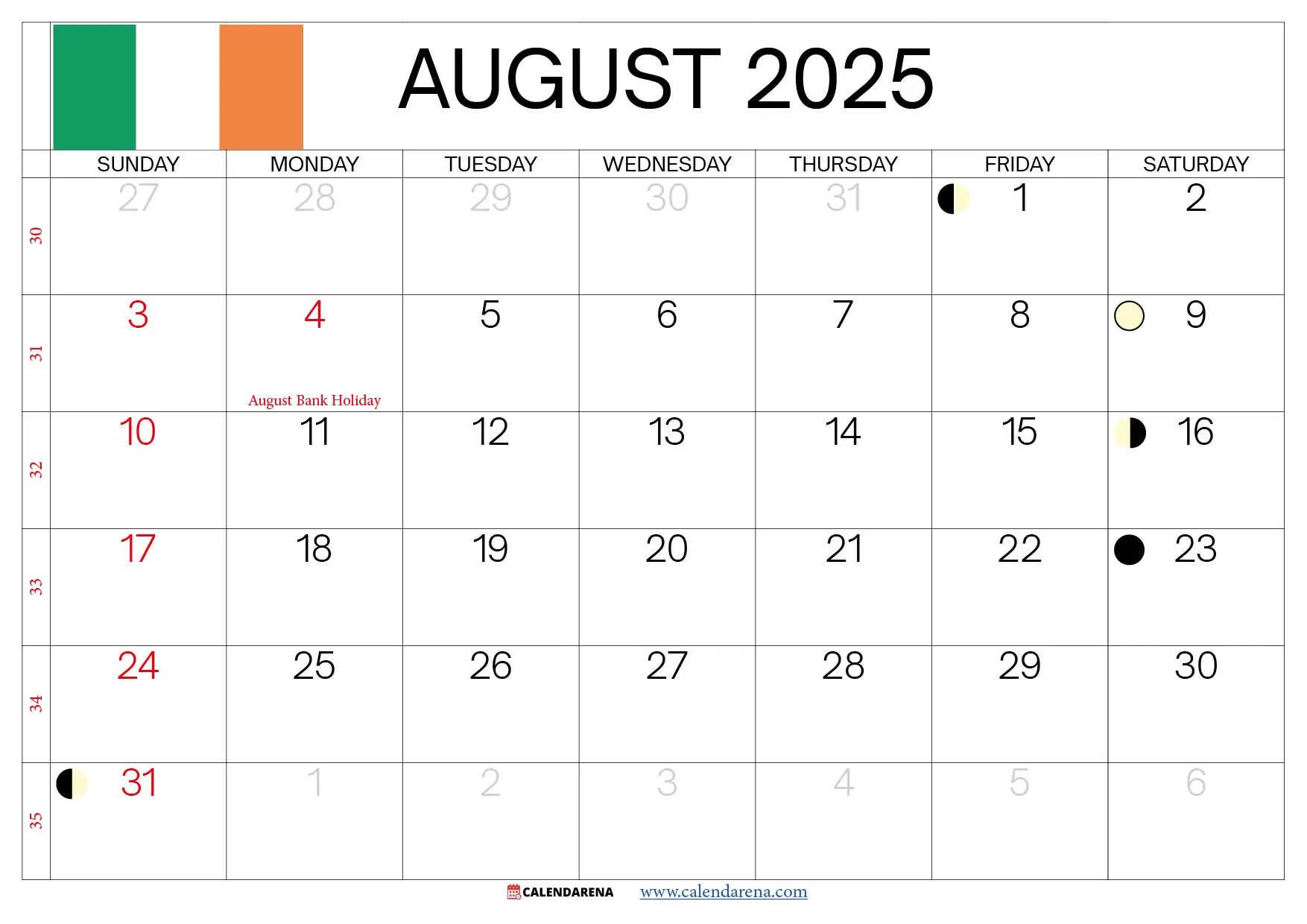 August 2025 Calendar Ireland