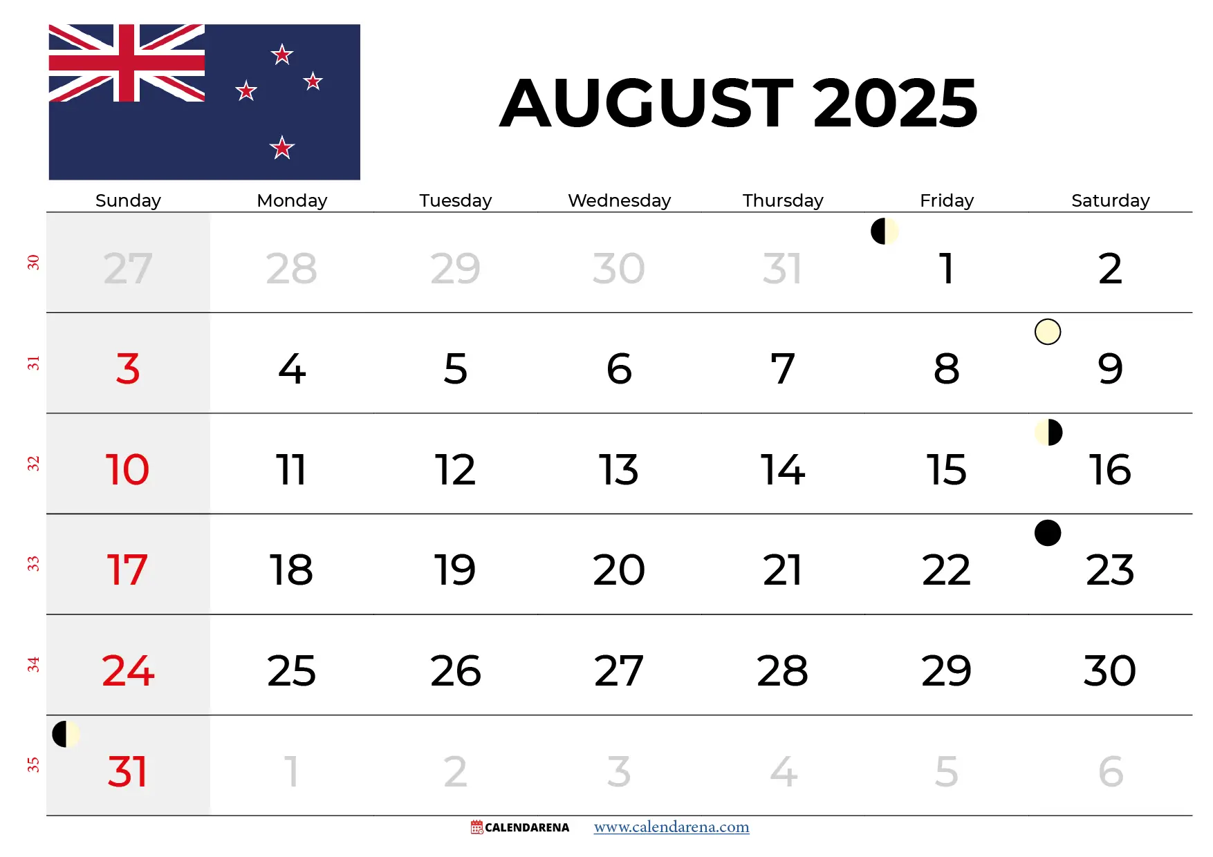 August 2025 Calendar Nz