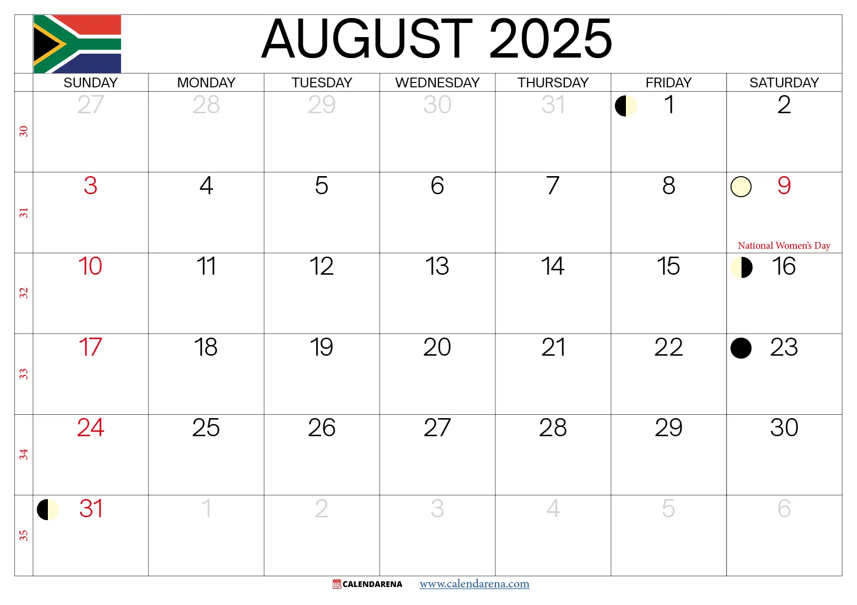 August 2025 Calendar South Africa