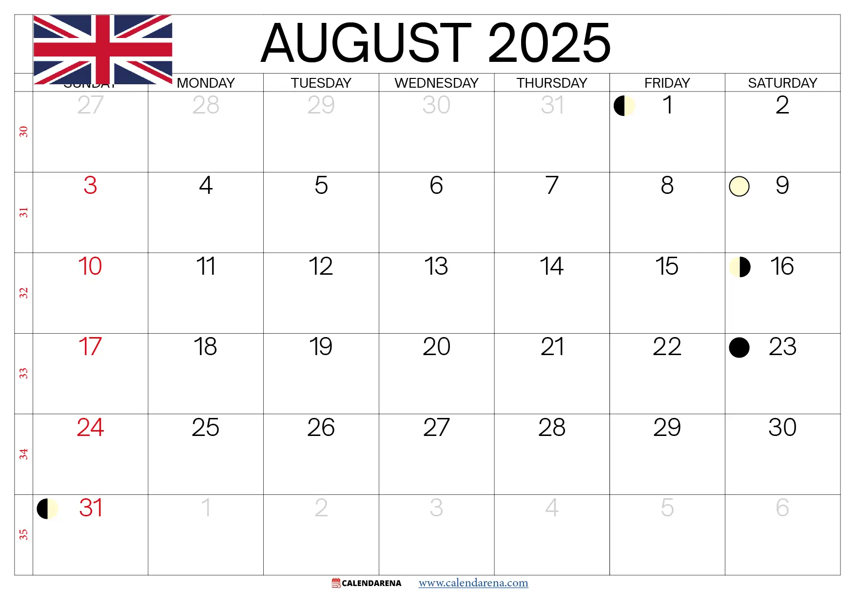 August 2025 Calendar UK