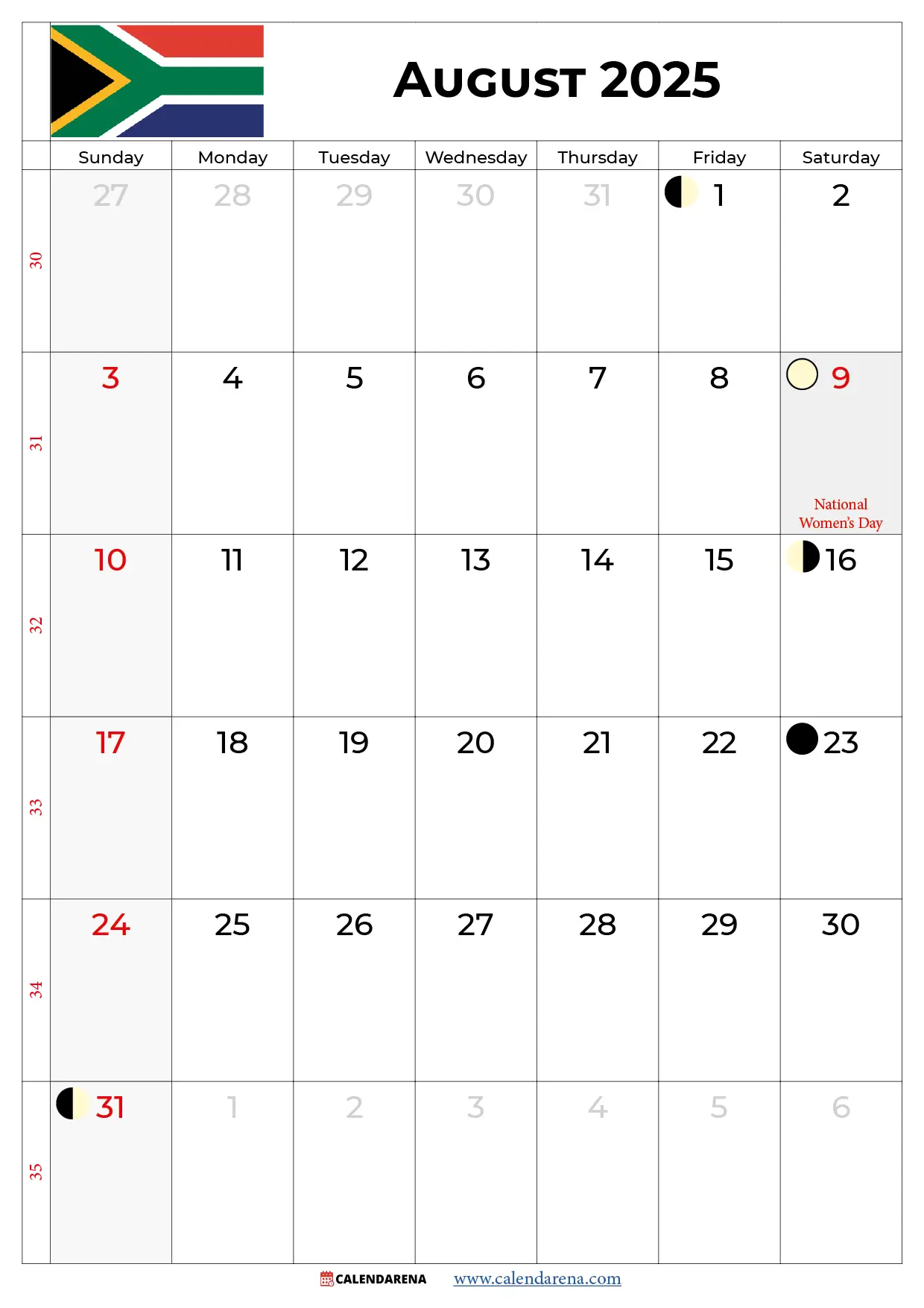 August 2025 Calendar With Holidays South Africa