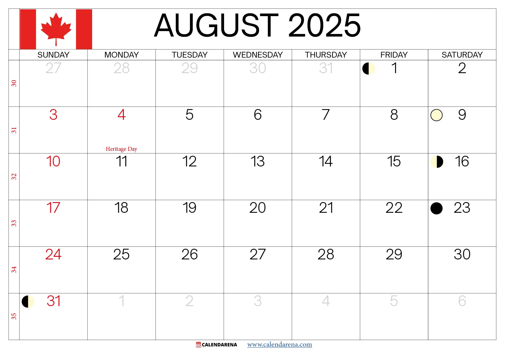 August Calendar 2025 Canada