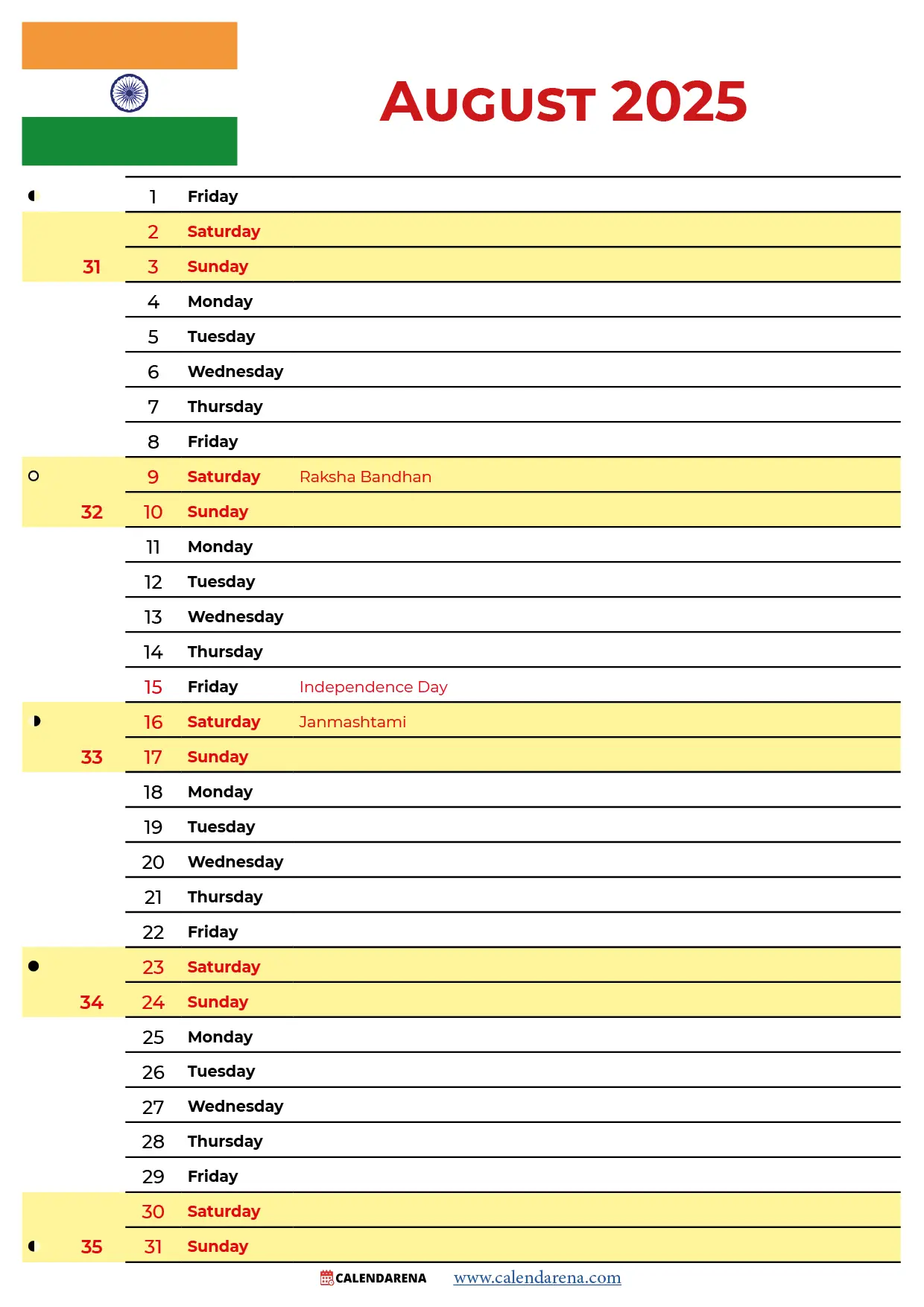 August Calendar 2025 India