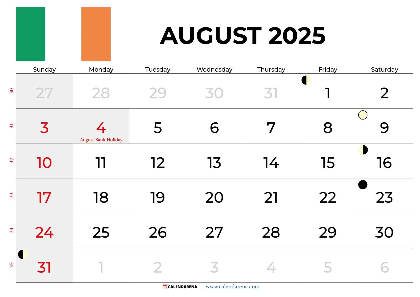 August Calendar 2025 Ireland