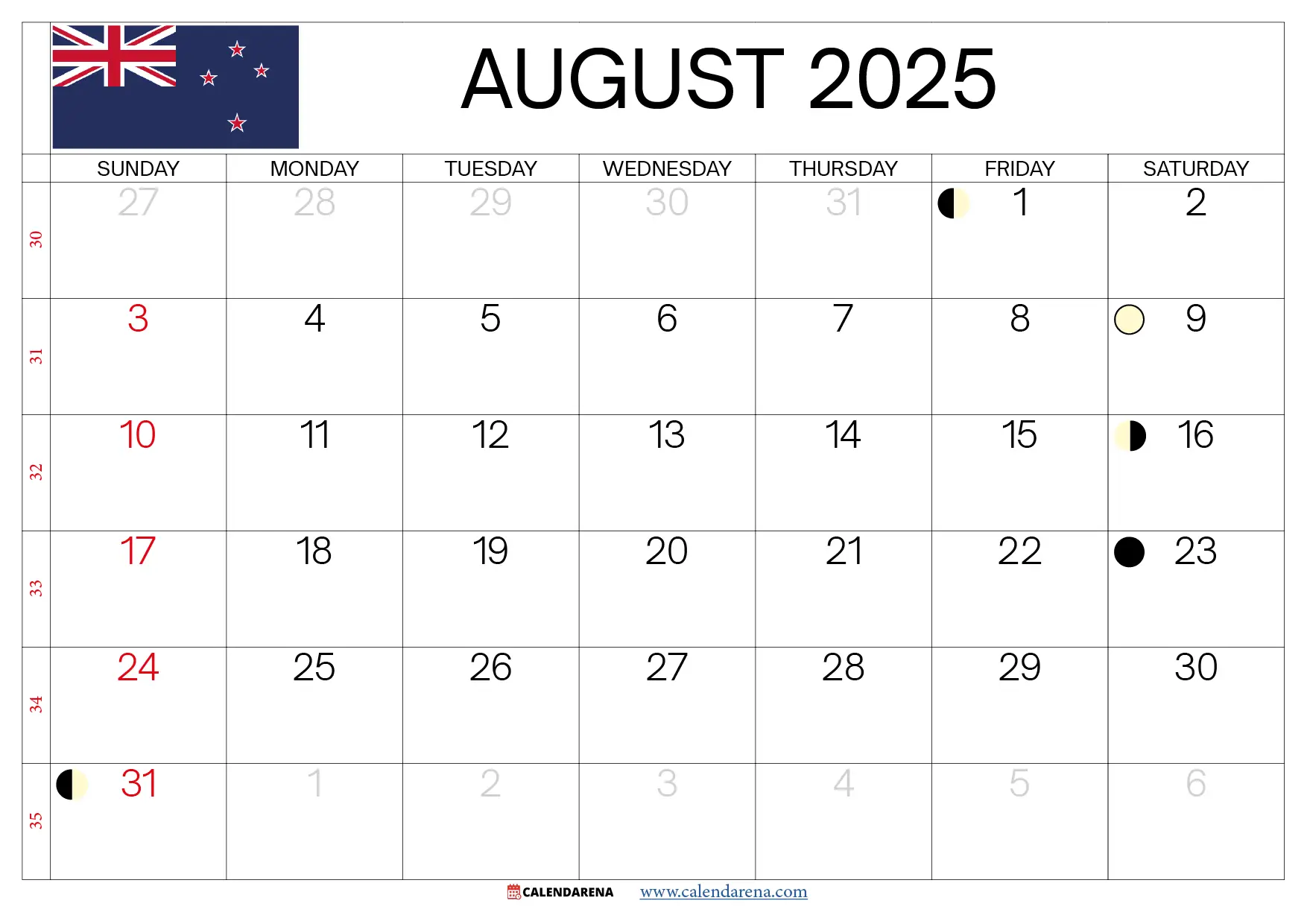 August Calendar 2025 Nz