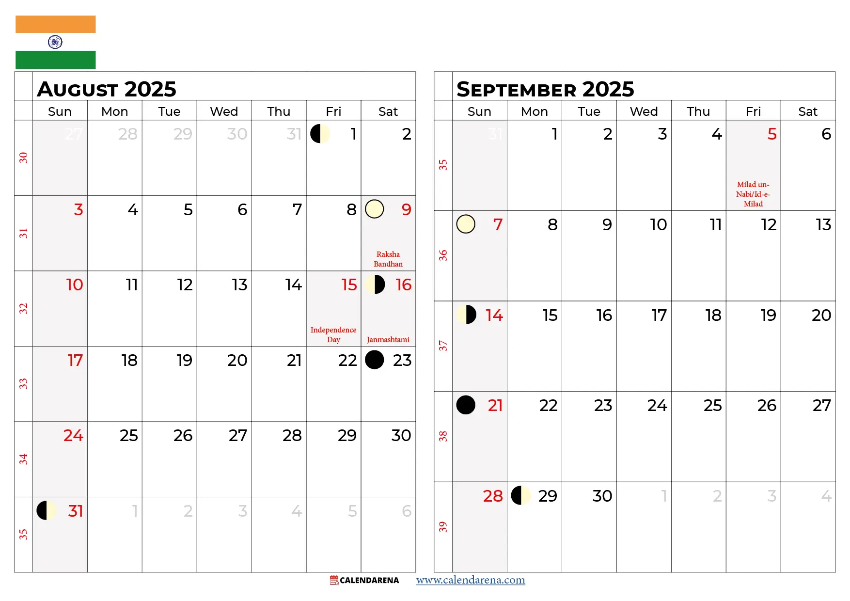 August September 2025 Calendar India