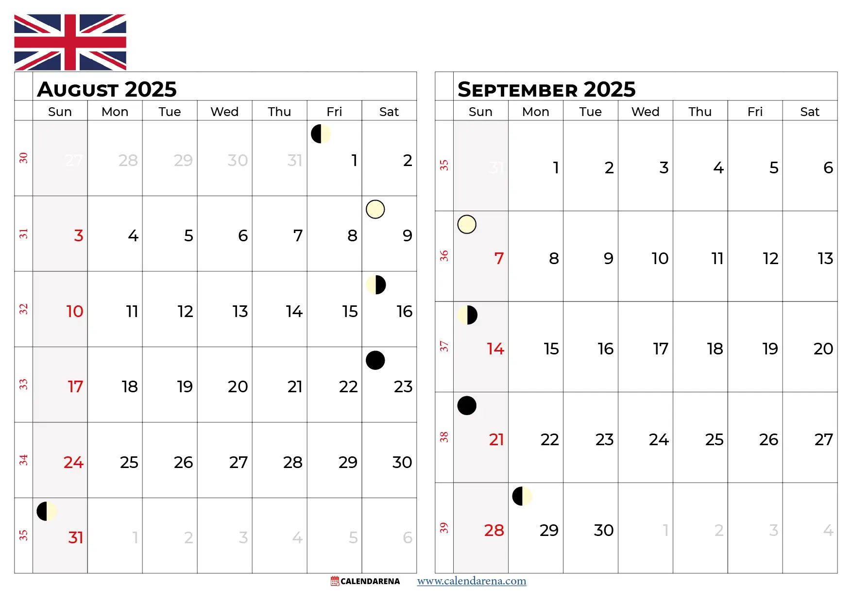 August September 2025 Calendar UK