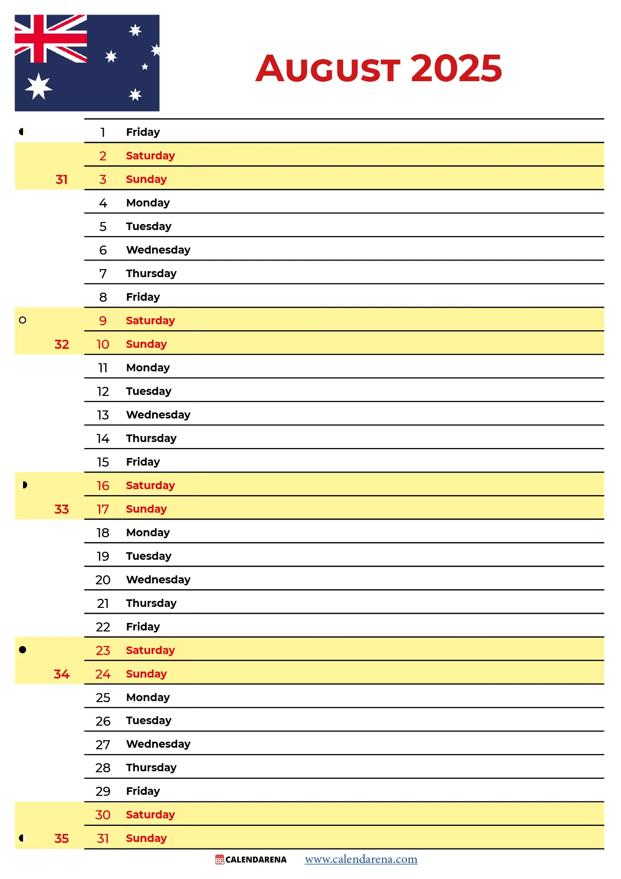 Calendar 2025 August Australia