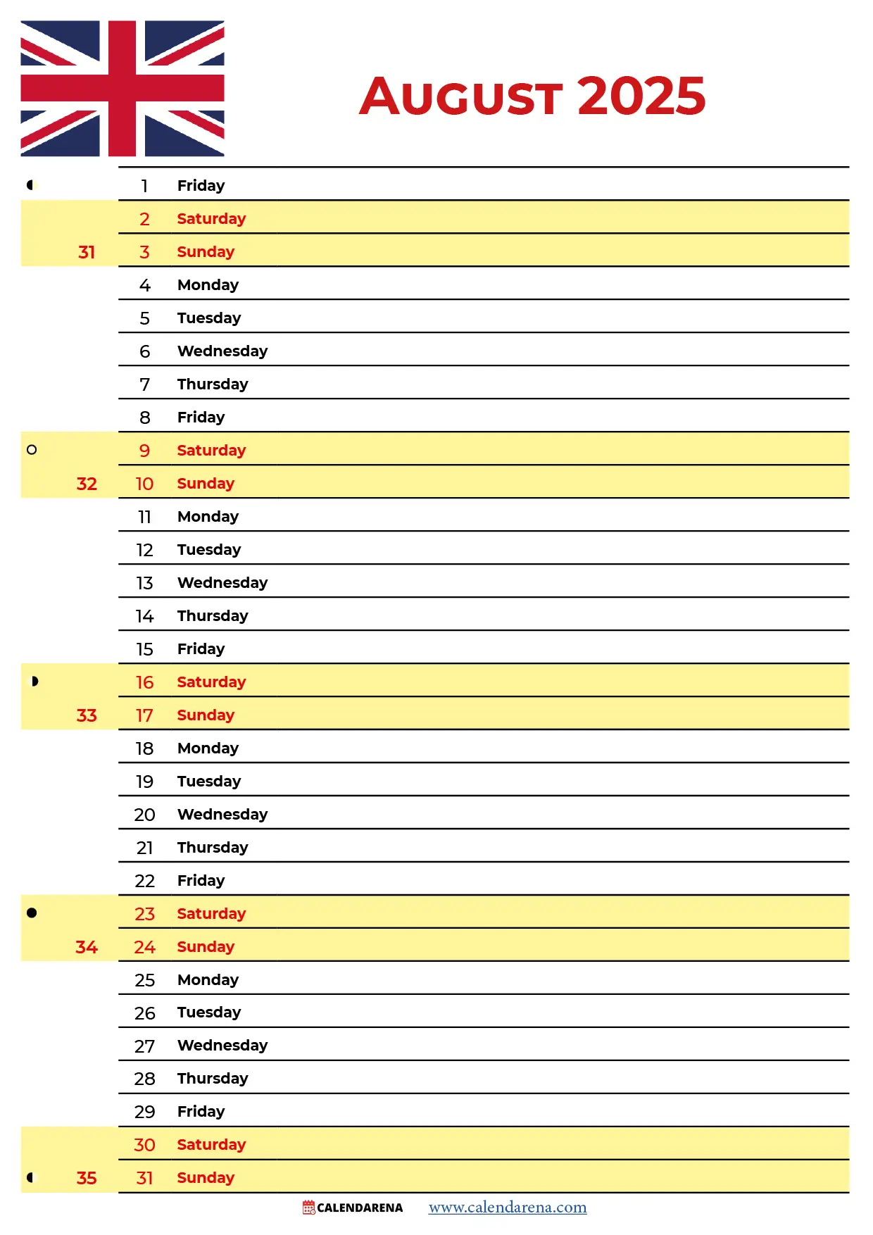 Calendar 2025 August UK