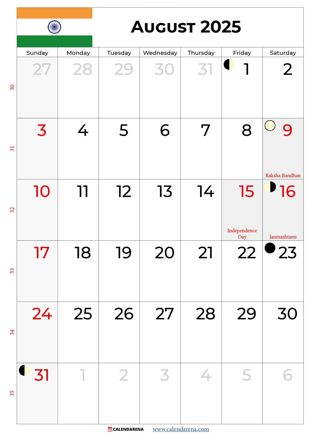 Calendar August 2025 India