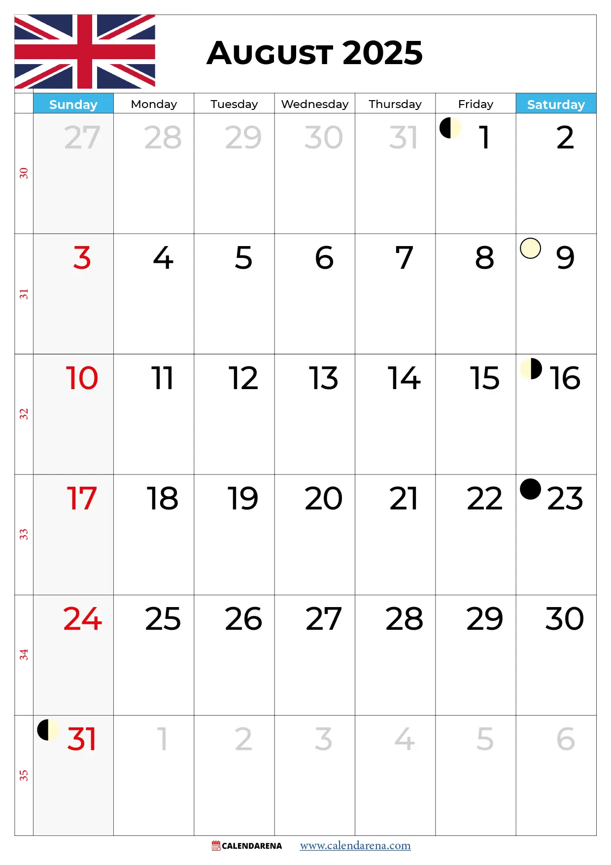 Calendar August 2025 UK