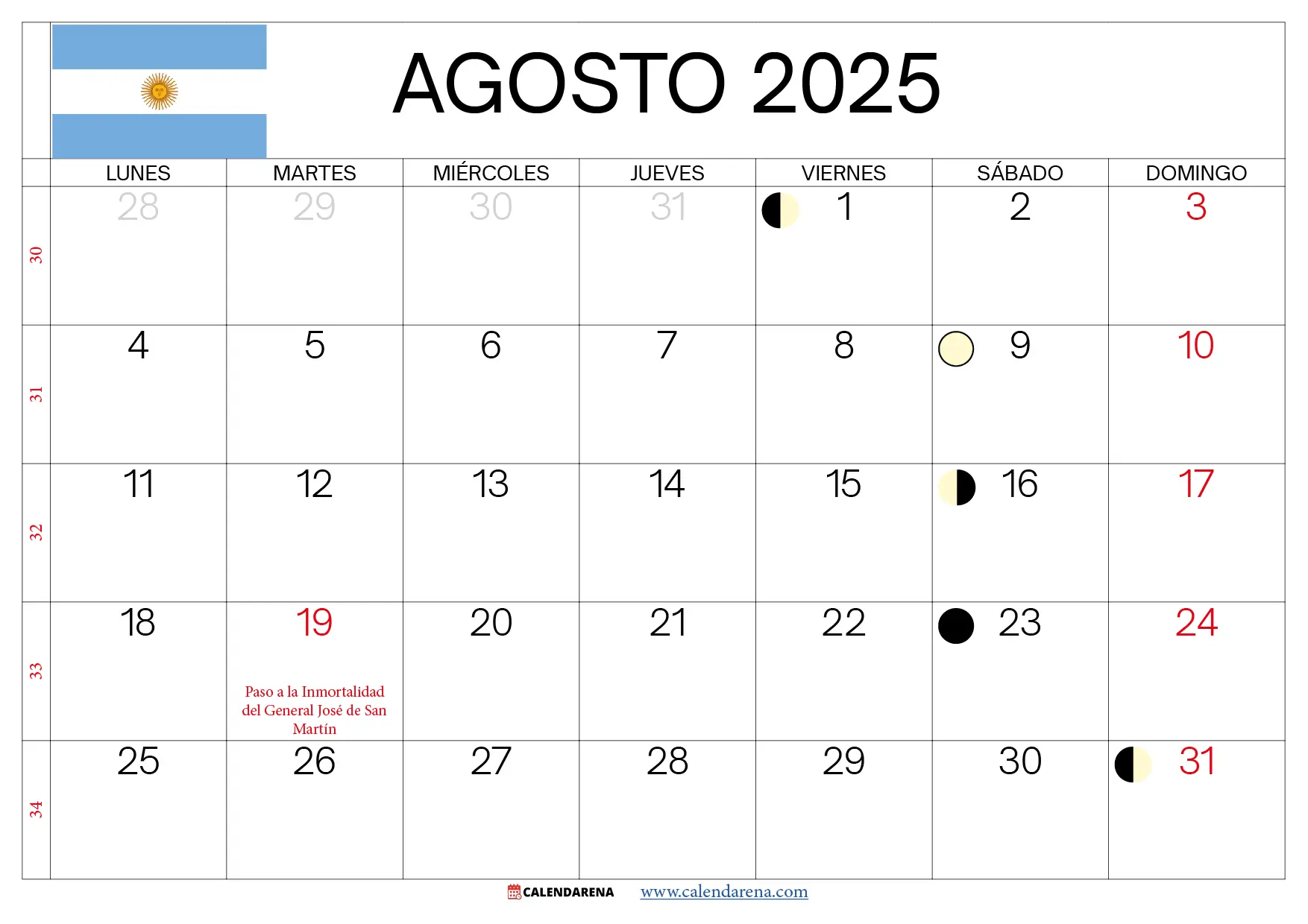 Calendario Agosto 2025 Argentina Para Imprimir