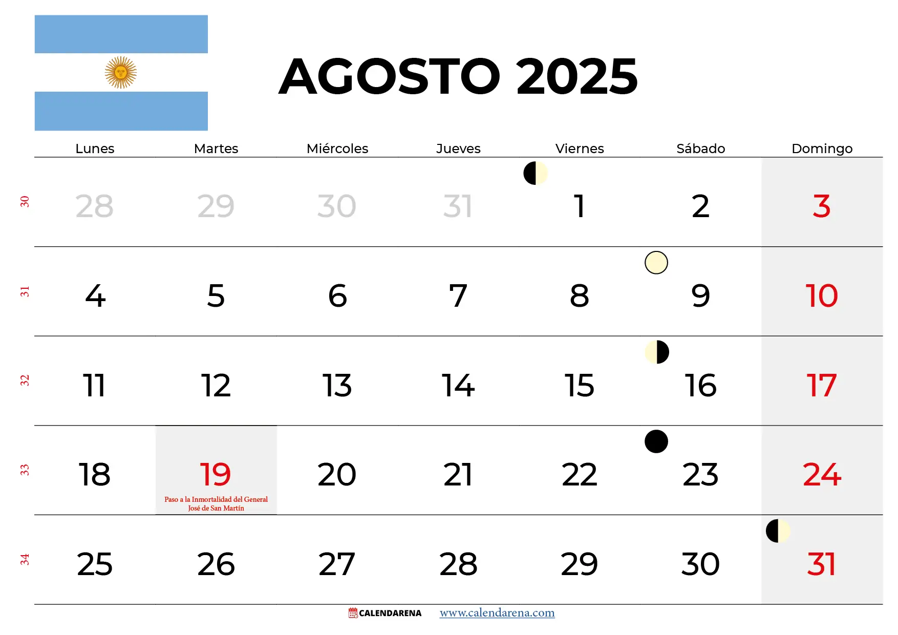 Calendario Agosto 2025 Argentina