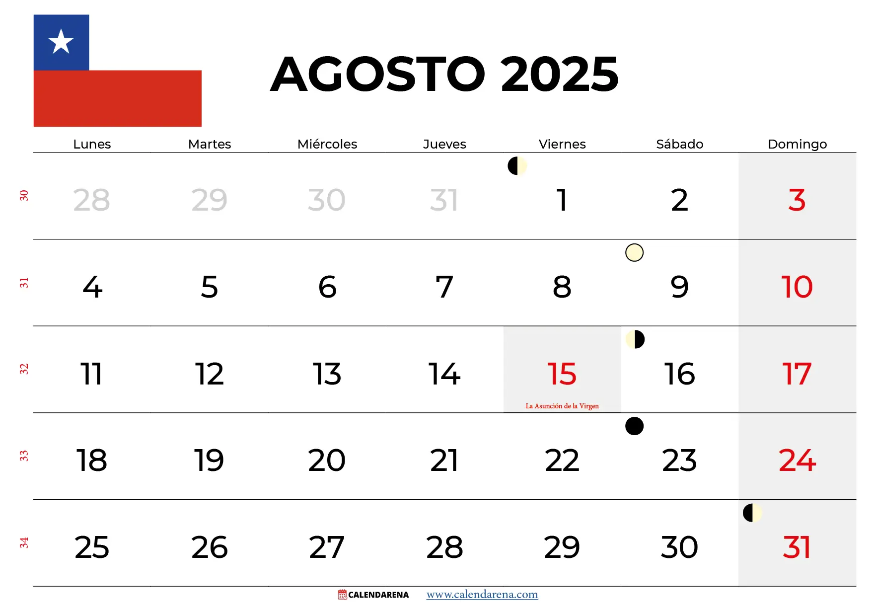 Calendario Agosto 2025 Chile